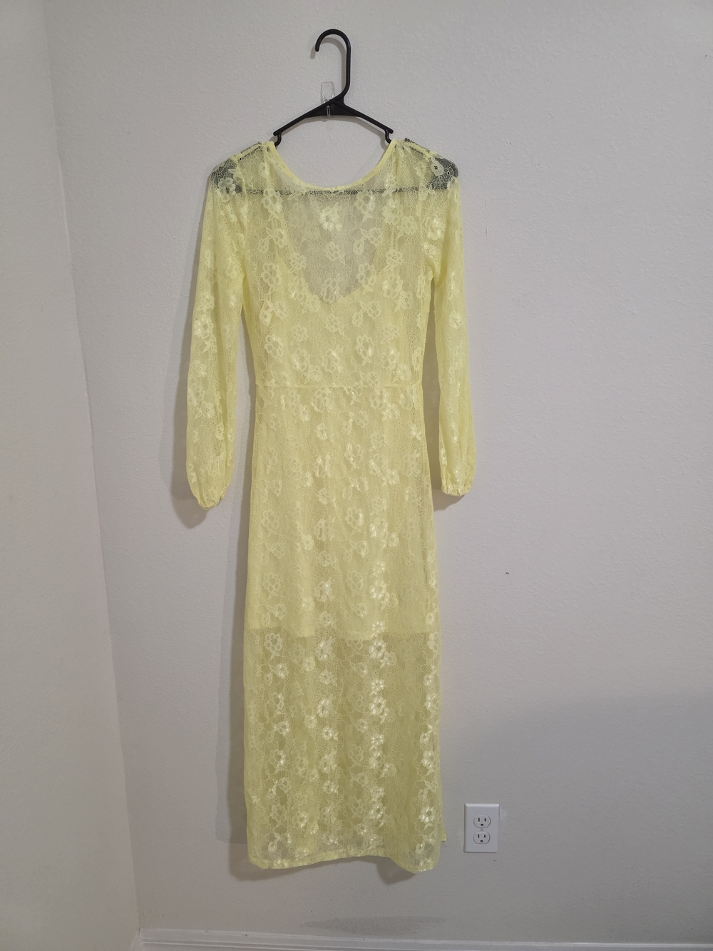Sheer Floral Lace Long-Sleeve Maxi Dress in Soft Yellow